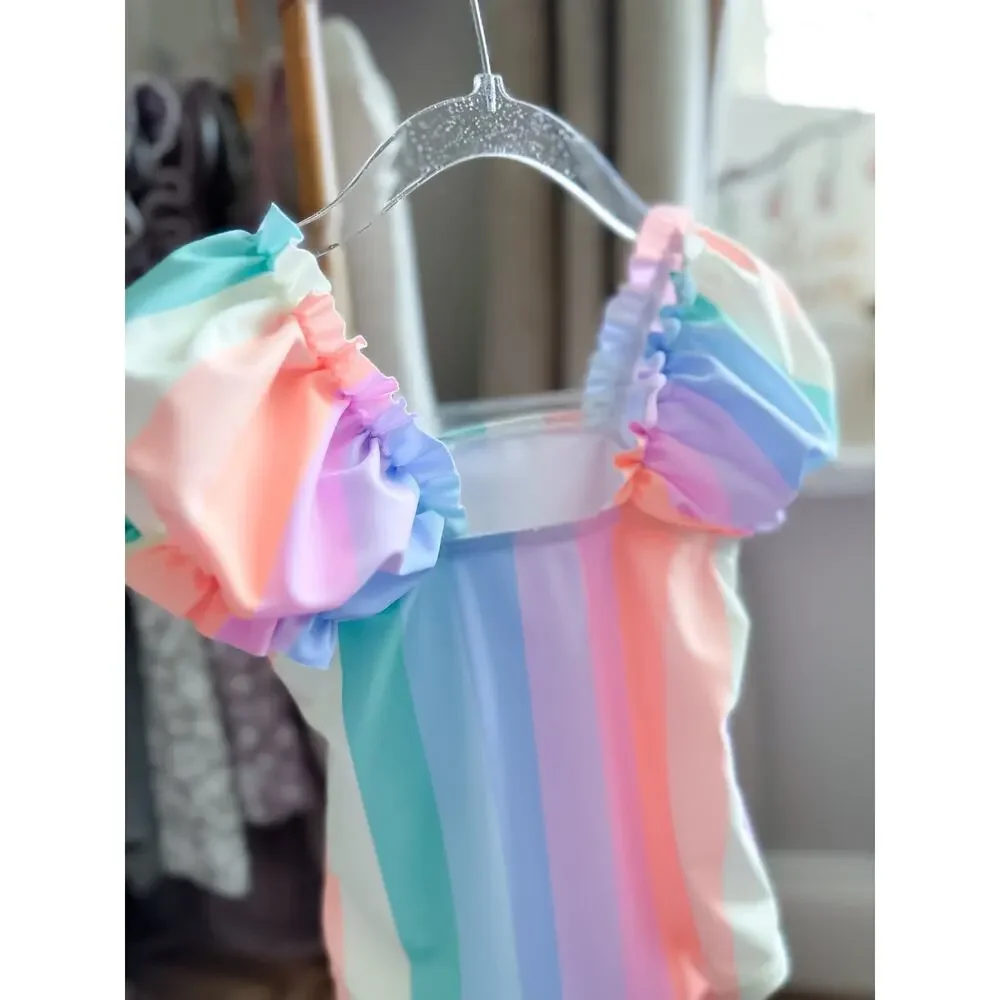 New Darling Pastel Stripe Rainbow Puff Slv Swimsuit 2/3